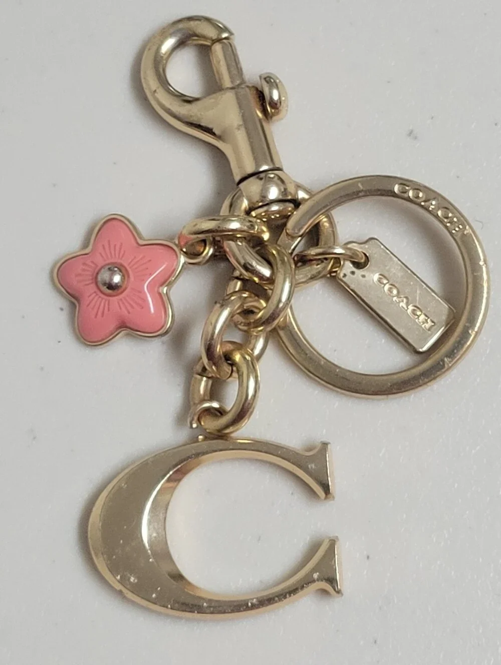 Coach Signature C Logo Pink Tea Rose Flower Bag Charm Keychain Goldtone.